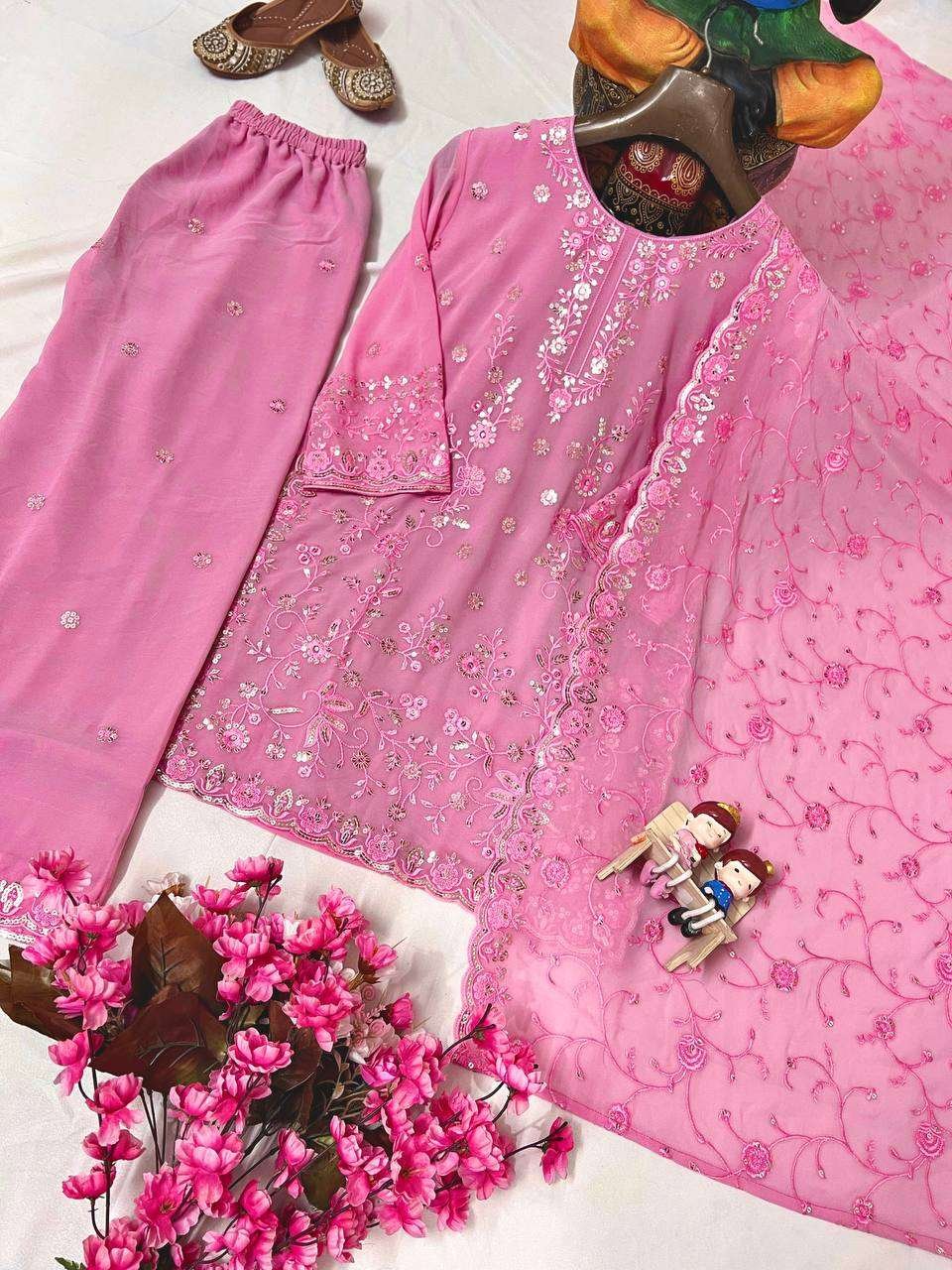Women's Faux Georgette Embroidery work Straight Kurti With Pant and Dupatta Set - Image 8